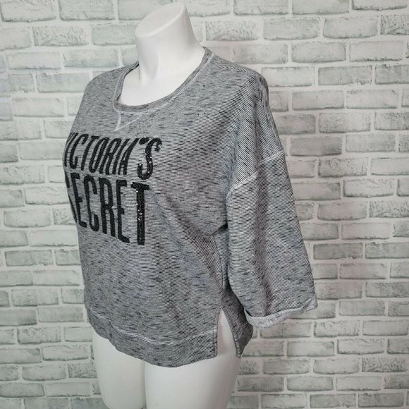 Victorias Secret Size L Black White Striped Sequin Logo Sweatshirt 3/4 Sleeve - Picture 3 of 7